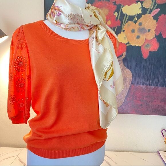 NEW NANETTE LEPORE CORAL LIGHTWEIGHT EYELET SHORT SLEEVE SWEATER S - Picture 11 of 15